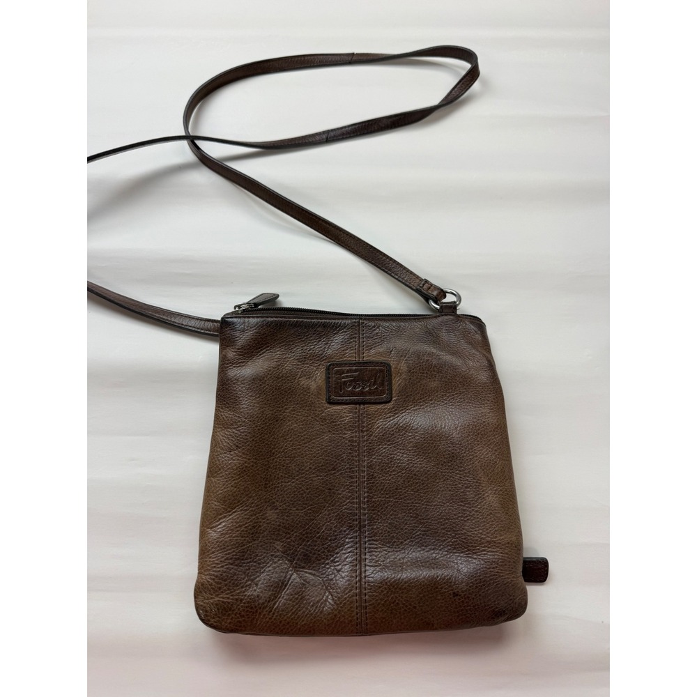Vintage Brown Leather Fossil Crossbody Bag Zipper Card Pocket